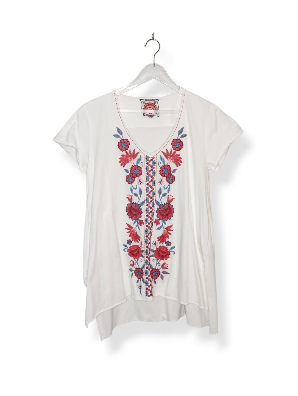 Johnny Was Floral Embroidered White Cotton Short Sleeve Tee T-Shirt Size Small